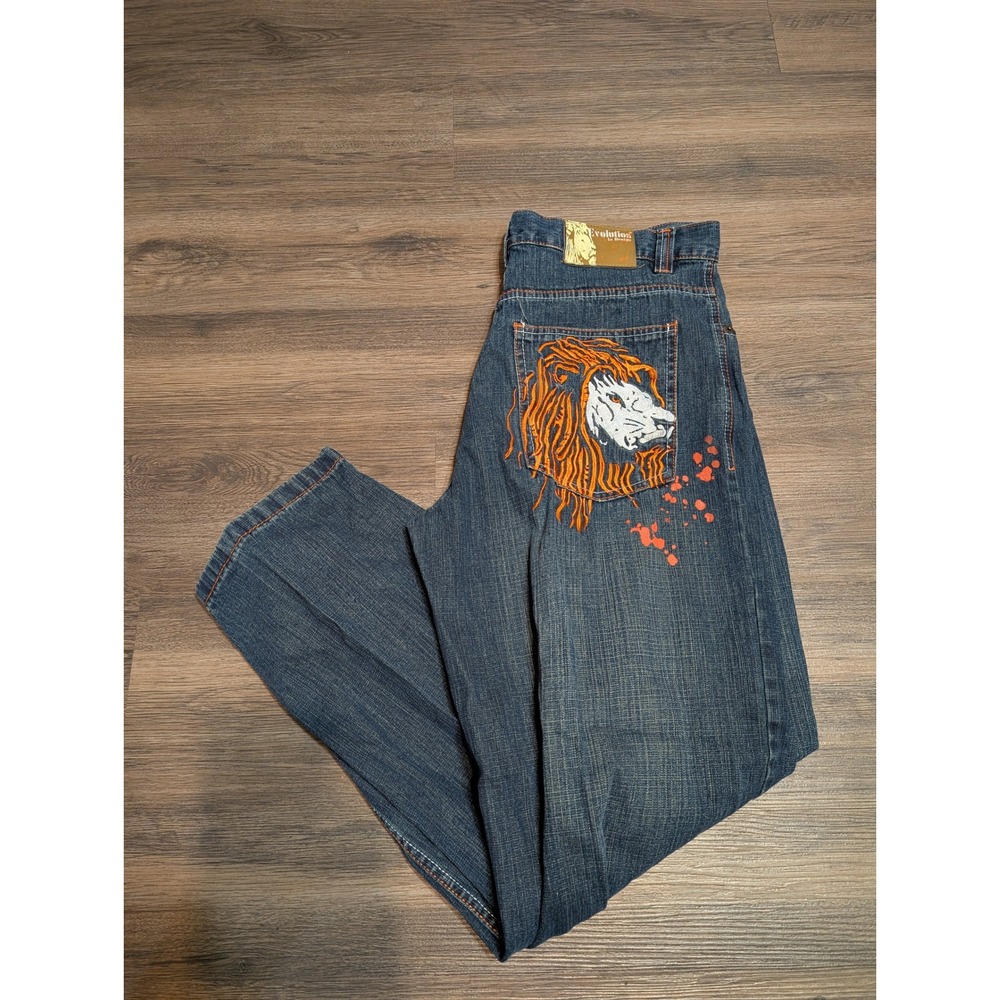 Evolution Jeans Mens Size 36x34 Embroidered Lion Pocket‎ Orange Splatter